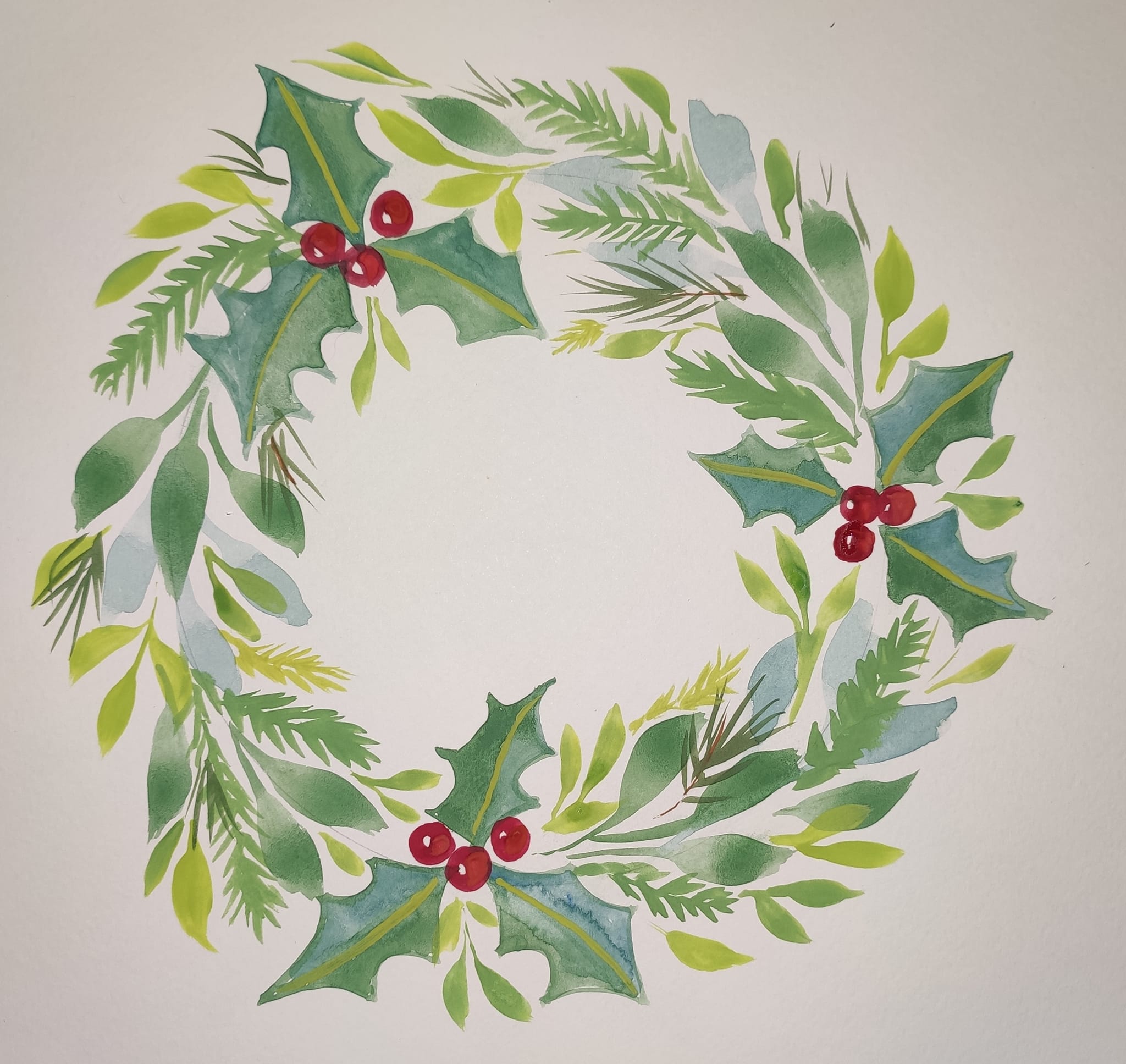 a painting of a christmas wreath in green and red colours