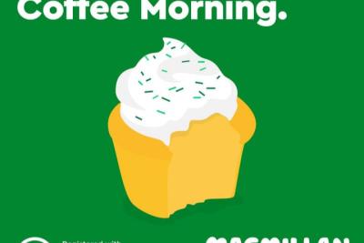 Graphic of a half eaten cupcake against a green background. Caption "Lets do coffee morning"