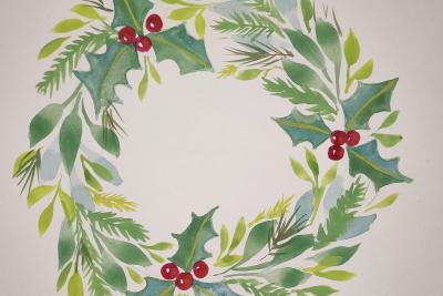 a painting of a christmas wreath in green and red colours